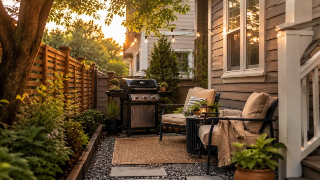 How to Turn a Small Front Yard Space Into a Cozy Summer BBQ Spot Cozy small front yard BBQ setup with compact grill, patio chairs, and string lights