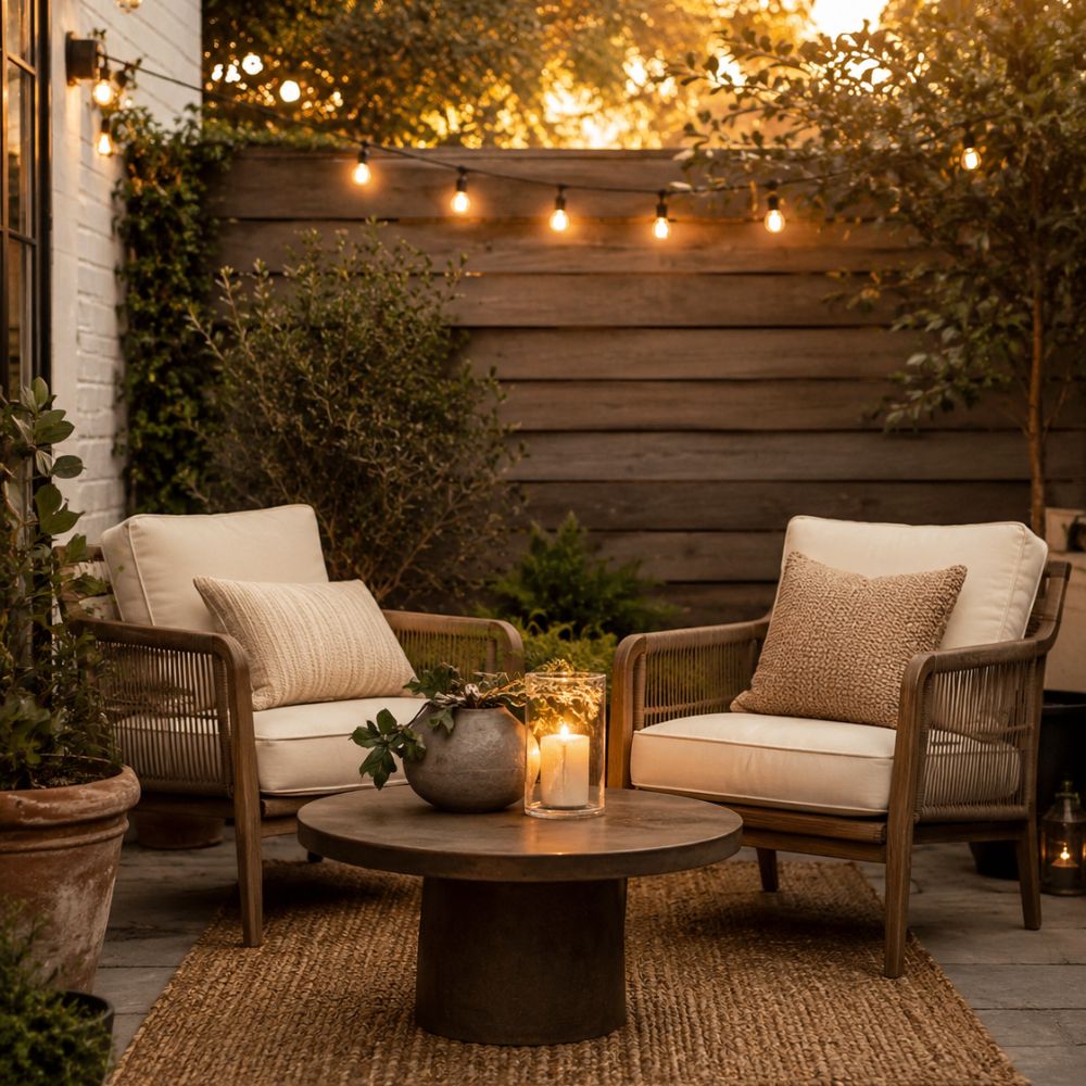 Cozy outdoor patio with warm string lights and comfortable seating