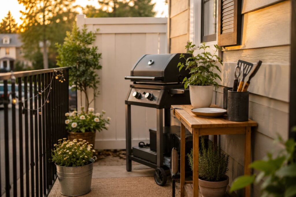 Cozy small outdoor BBQ setup with compact grill and warm lighting