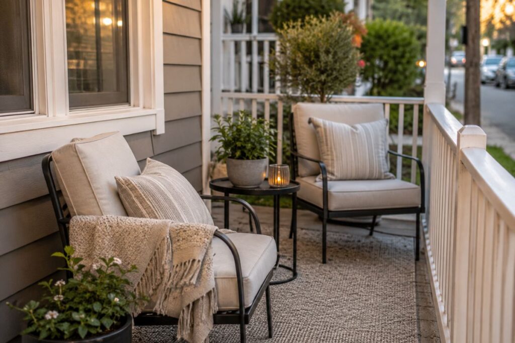 Small cozy front patio seating area with outdoor chairs and soft cushions