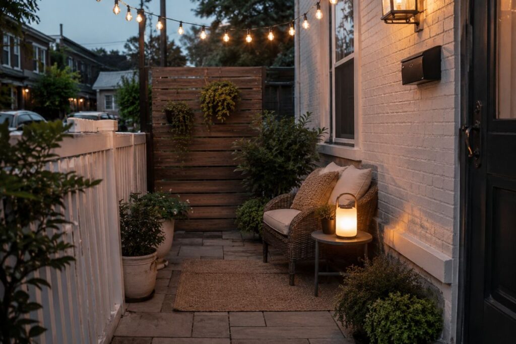 Cozy narrow outdoor patio with string lights and warm evening atmosphere