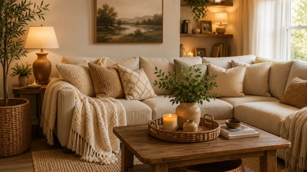 7 Cozy Home Decor Ideas That Make Any Living Room Feel Warm and Inviting cozy living room with decorative throw pillows and warm neutral home decor