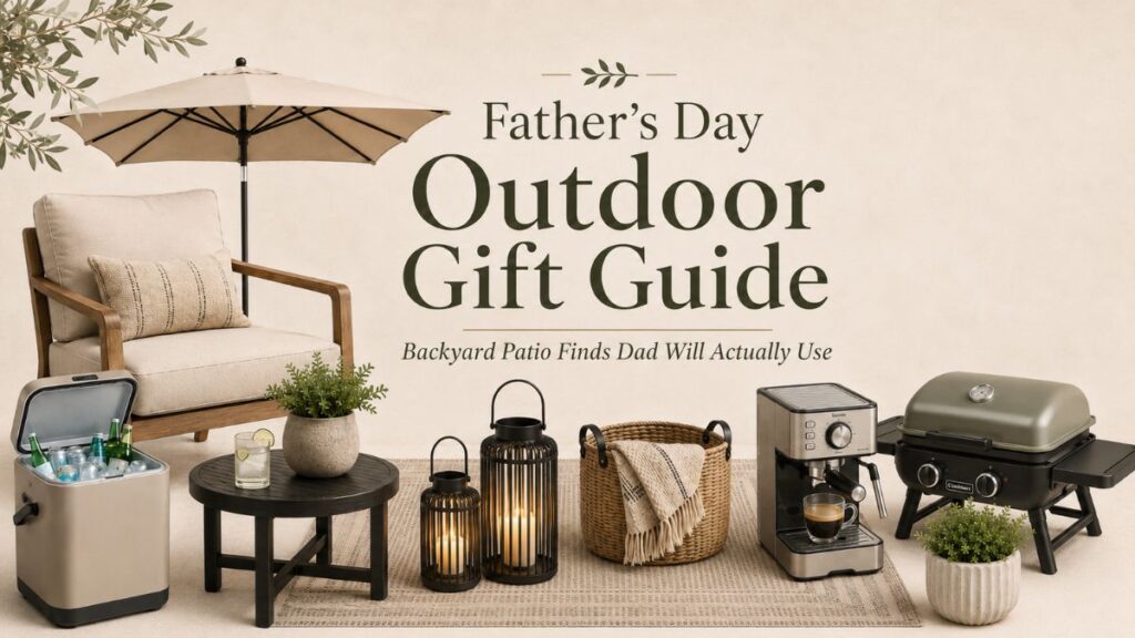 Father’s Day Outdoor Gift Guide: Backyard Patio Finds Dad Will Actually Use Father’s Day outdoor gift guide featuring backyard patio finds including a patio chair, umbrella, side table, cooler, lanterns, coffee machine, compact grill, woven basket, rug, and greenery.