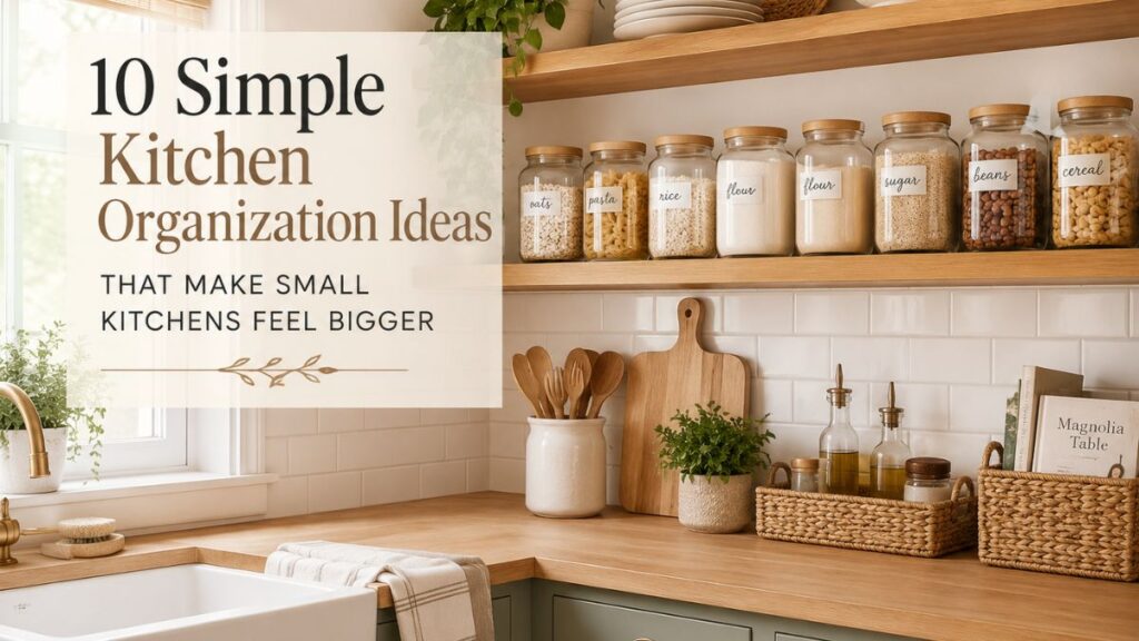 10 Simple Kitchen Organization Ideas That Make Small Kitchens Feel Bigger organized kitchen shelves with glass storage jars and baskets
