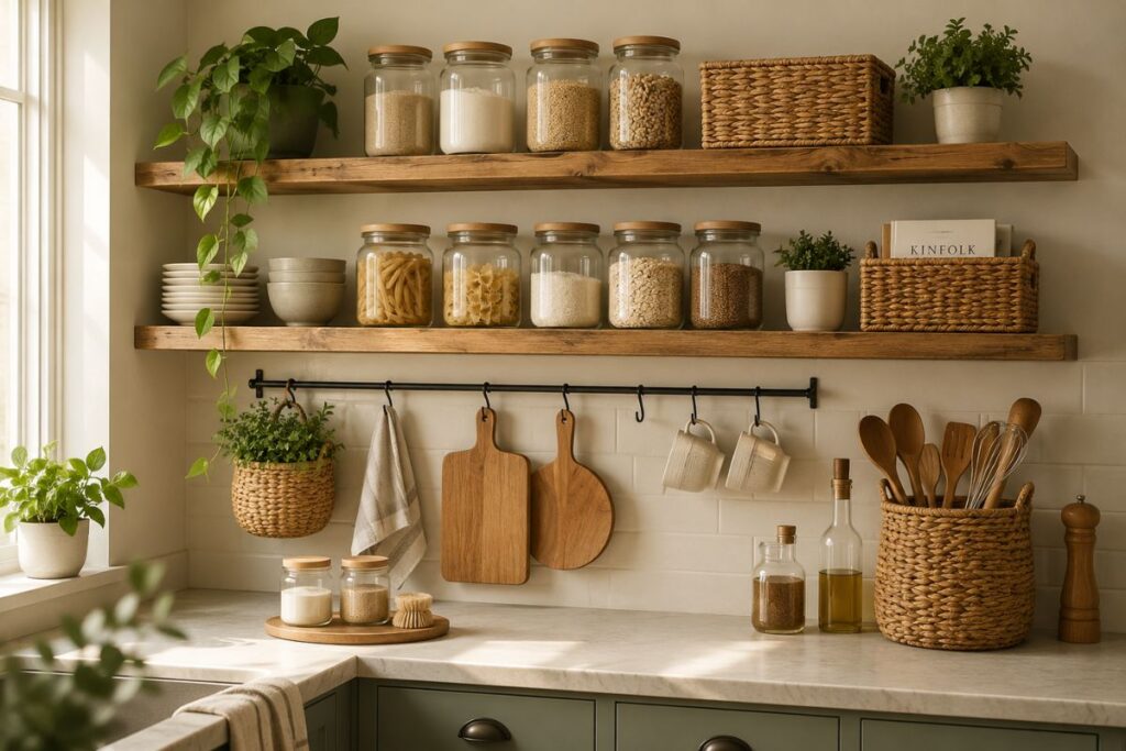 organized kitchen shelves with storage jars and baskets