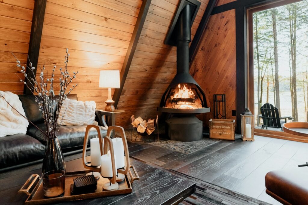 Warm cozy living room with a fireplace, About page hero