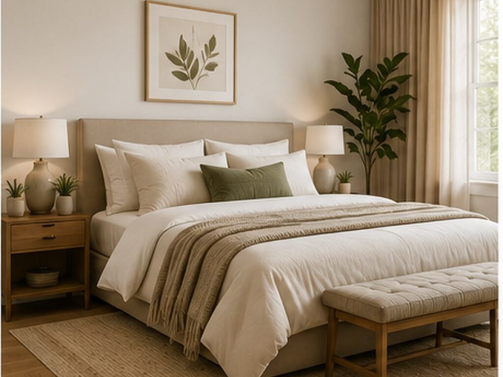 Cozy neutral bedroom with layered bedding and warm wood accents