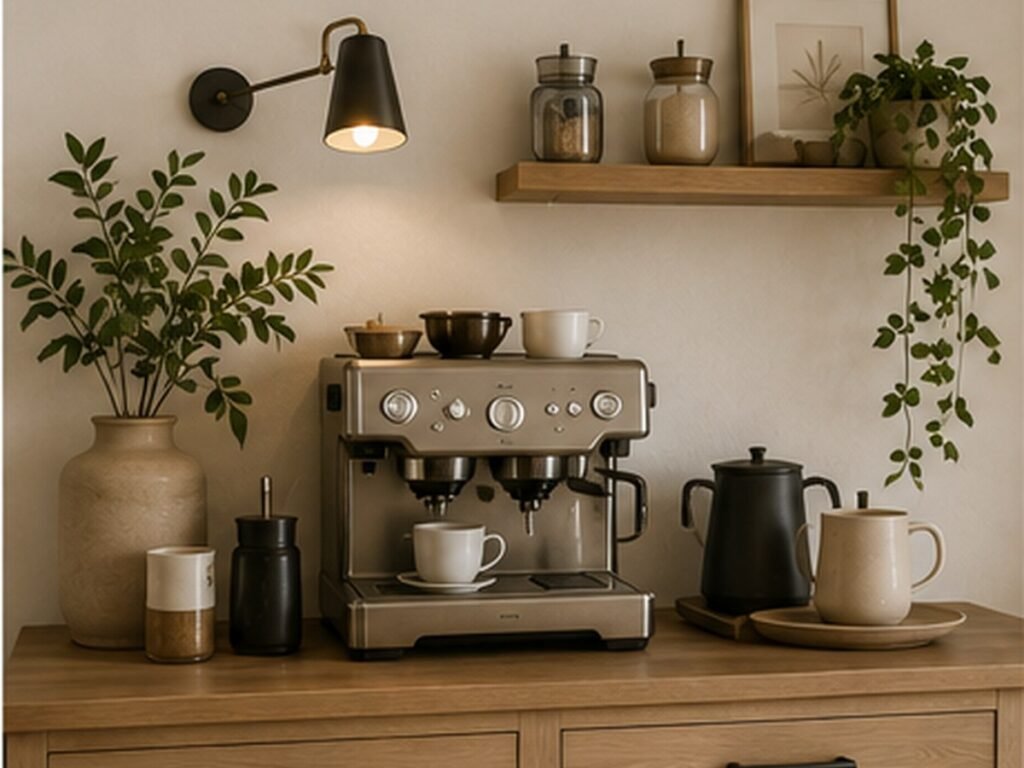 Cozy home coffee bar with espresso machine and warm neutral styling