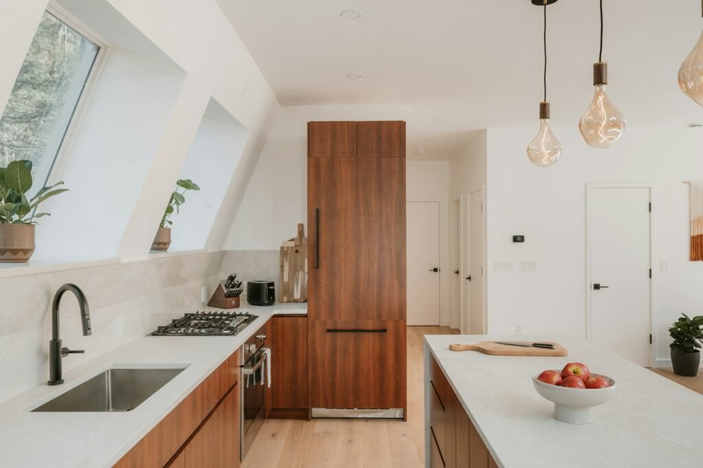 Modern kitchen with wooden cabinets and island