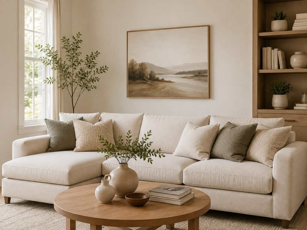 Cozy neutral living room with cream sofa and wood coffee table