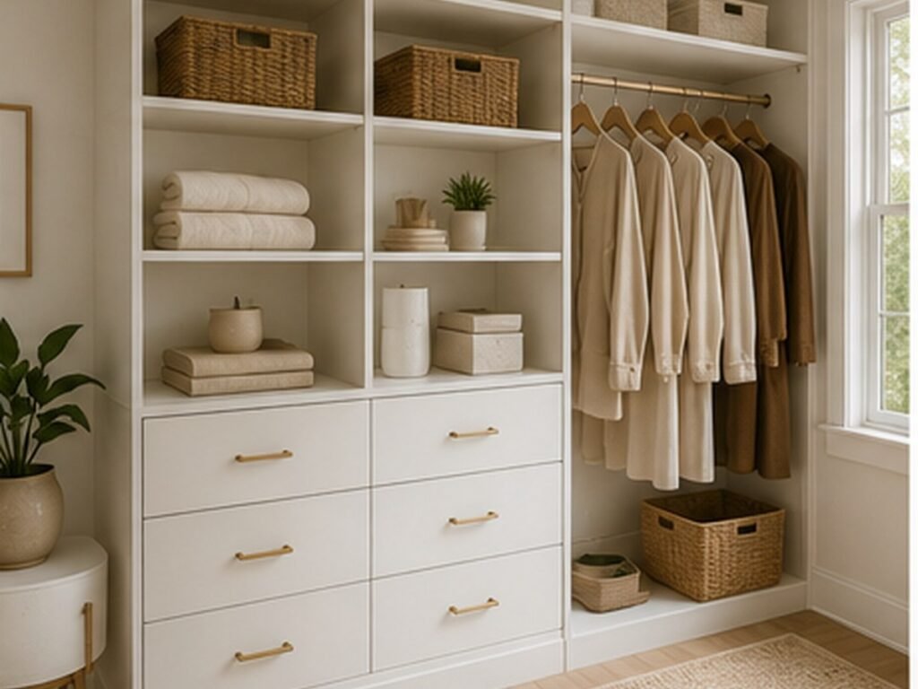 Bright organized closet with white storage, baskets, and neutral decor