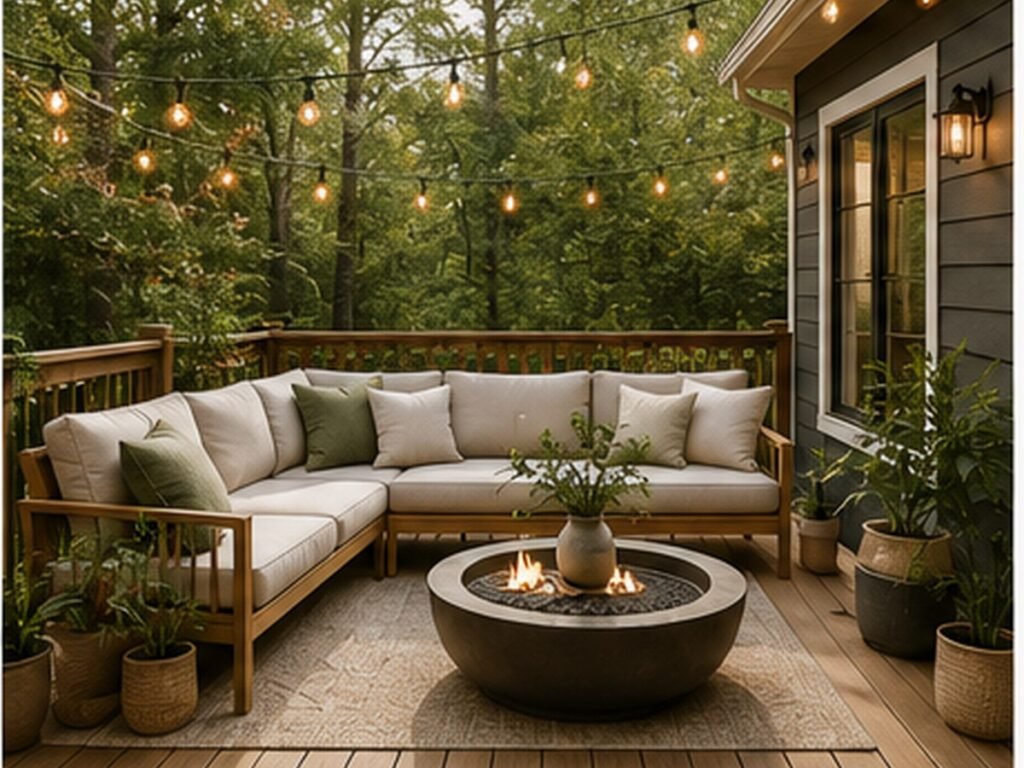 Cozy outdoor living space with seating, wood deck, and greenery