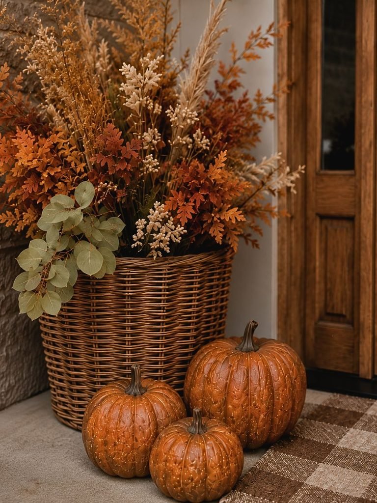 Artificial fall flowers in a woven basket with orange decorative pumpkins