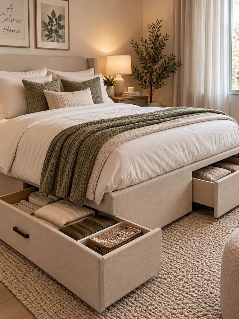 Bed frame with hidden storage drawers used for small bedroom organization.