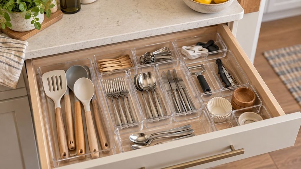 Clear drawer organizers used for kitchen utensils in a small apartment kitchen.