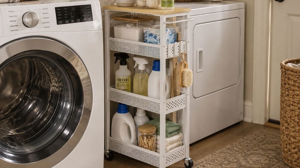 Slim rolling storage cart used for small kitchen organization in a narrow gap.