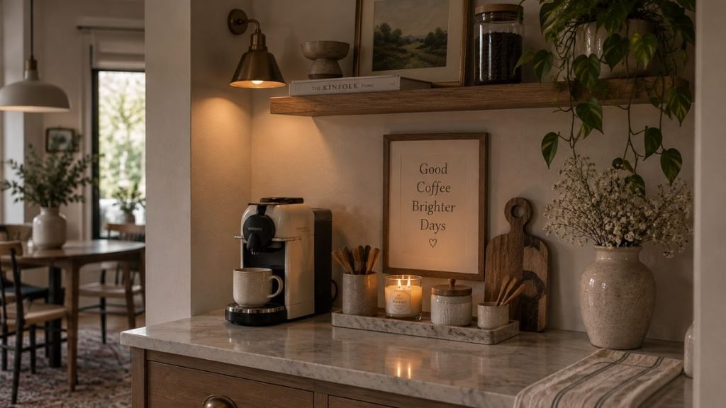 Coffee bar decor with linen, wood, and ceramic textures in warm neutral tones