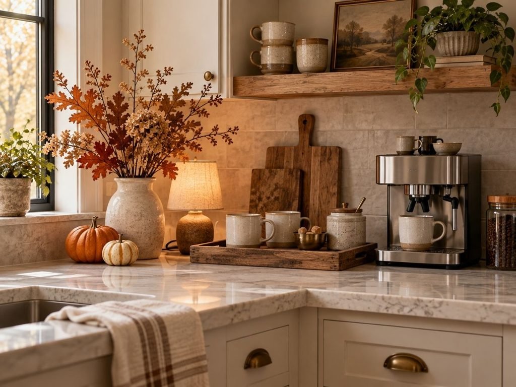 Cozy fall coffee corner with a coffee machine, ceramic mugs, wooden tray, warm lamp, and simple autumn decor.