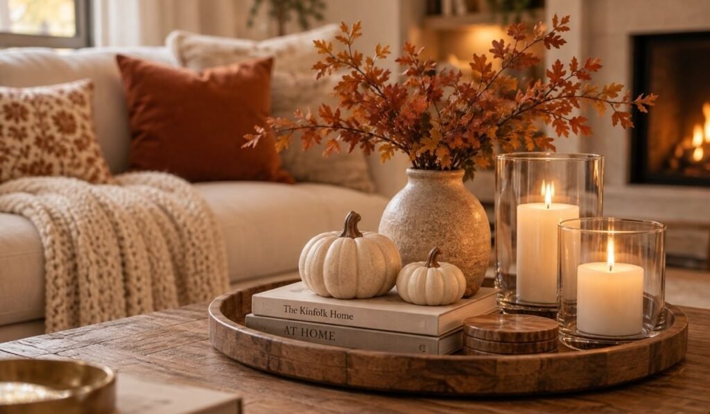 Fall coffee table styled with a wood tray, neutral pumpkins, fall branches, and clear hurricane candle holders