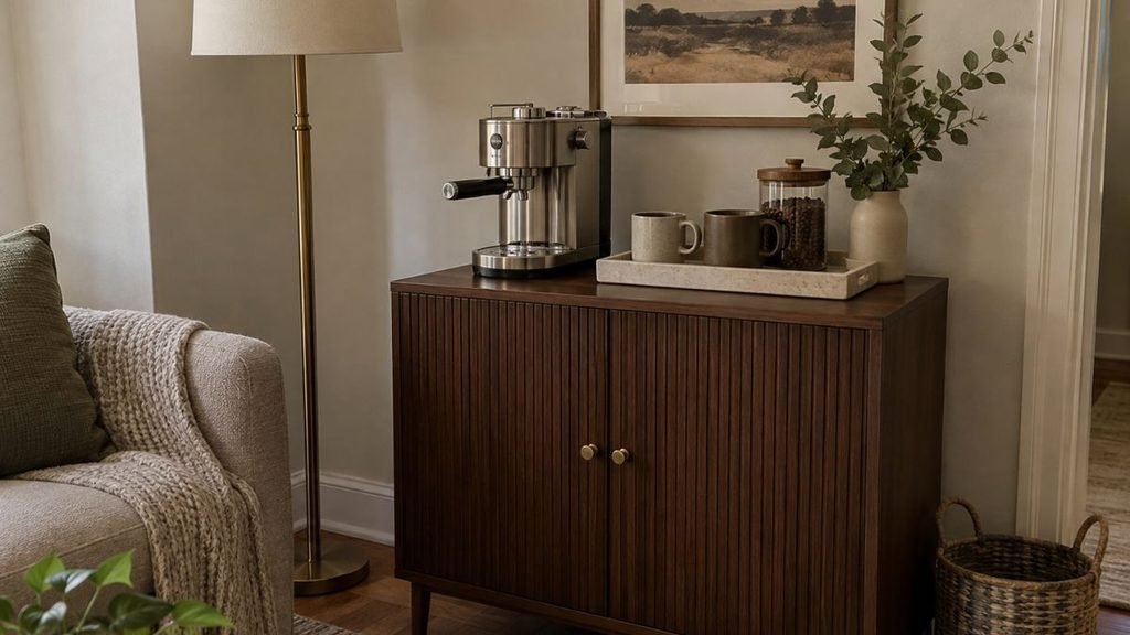 Finished cozy coffee bar corner with greenery and simple wall art in a small kitchen