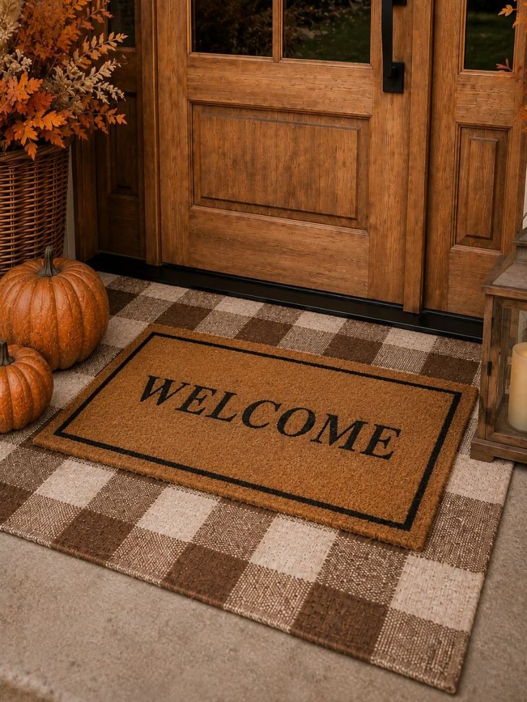 Layered brown and white buffalo check rug with a natural coir welcome mat on a fall front porch