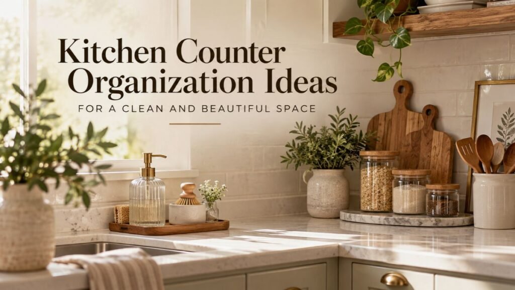 Organized kitchen counter with trays, cutting boards, glass jars, soap dispenser, greenery, and neutral decor.