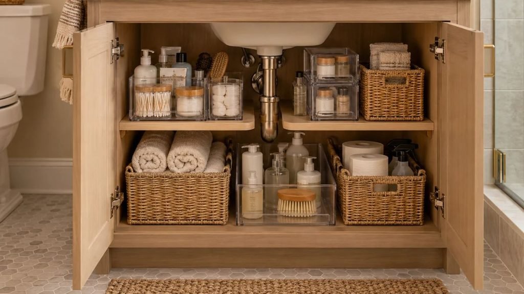 Organized under-sink bathroom cabinet with baskets, clear storage bins, towels, toiletries, and backup bathroom essentials.