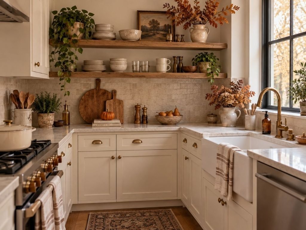 Functional fall kitchen with open shelves, clear counter space, warm neutral colors, and simple seasonal decor.