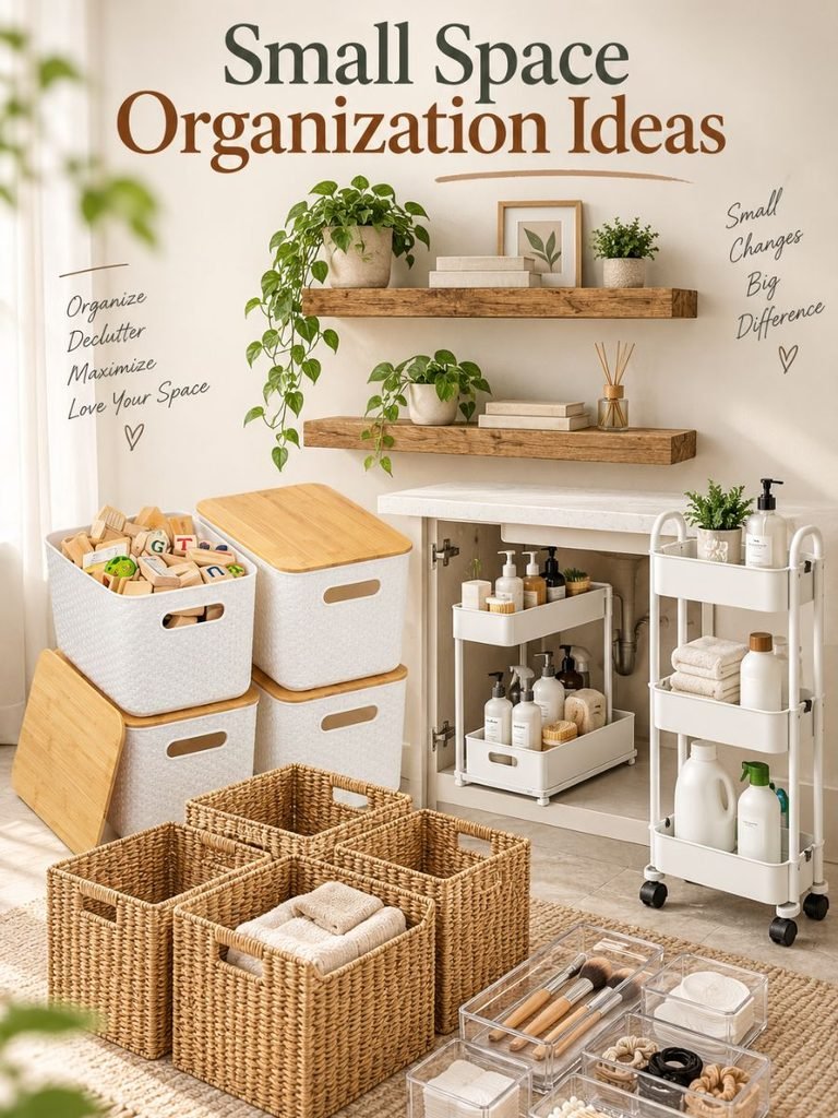 Small space organization ideas with stackable storage bins, woven baskets, floating shelves, rolling cart, and under-sink organizers.