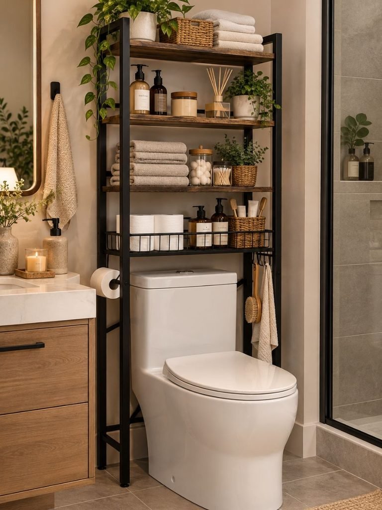 Small bathroom storage idea using over-the-toilet shelving and wall-mounted baskets.