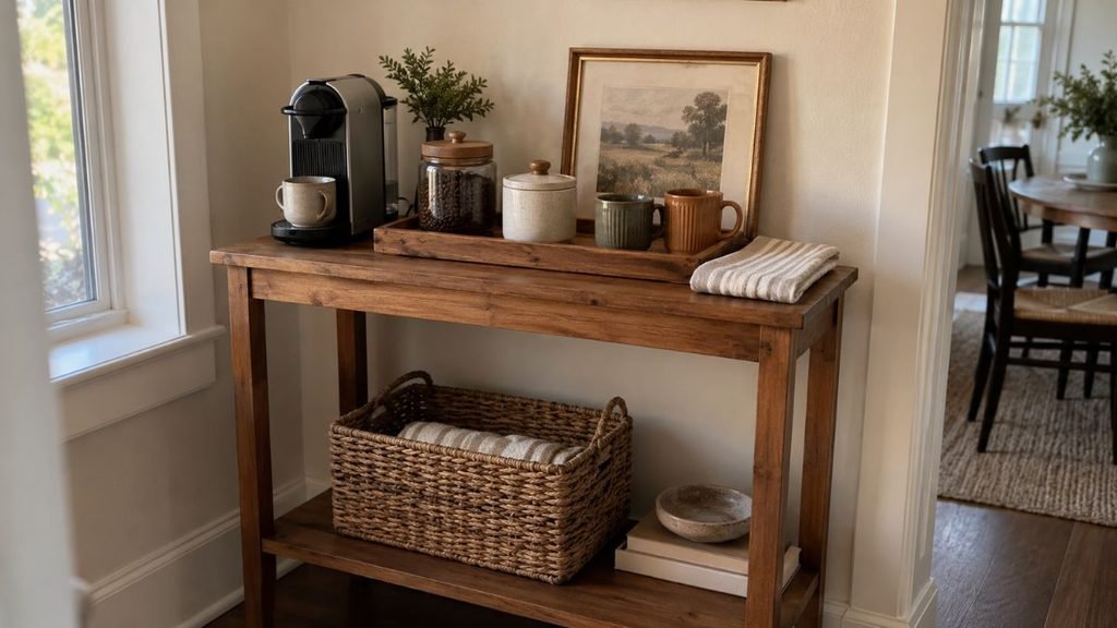 Small console table used as a compact home coffee station