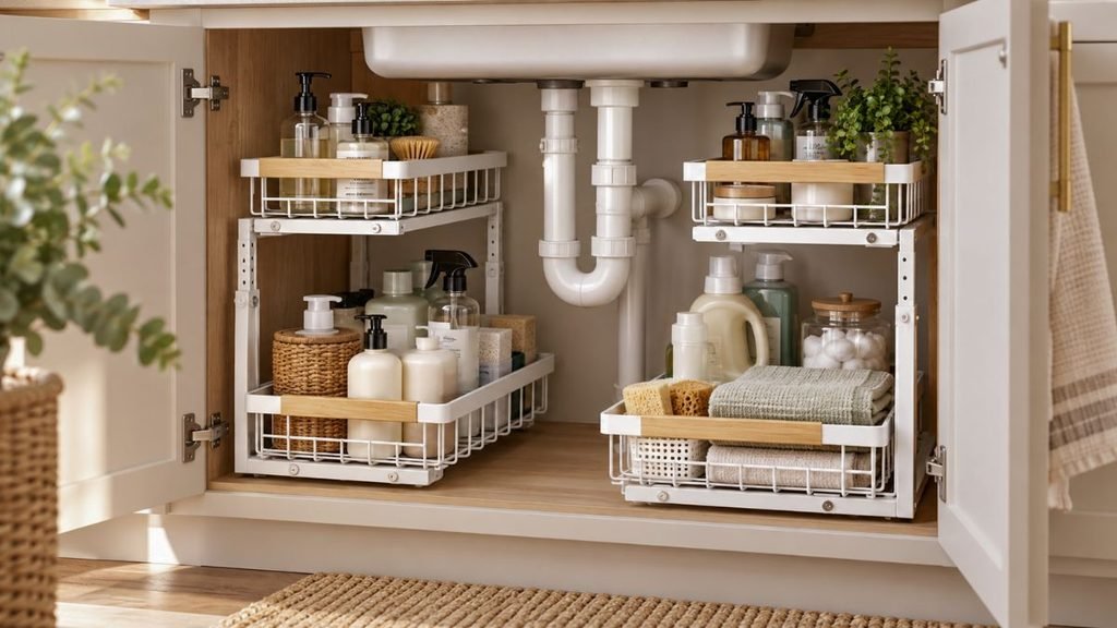 Under sink pull-out organizer used to organize cleaning products and bathroom essentials in a small cabinet.