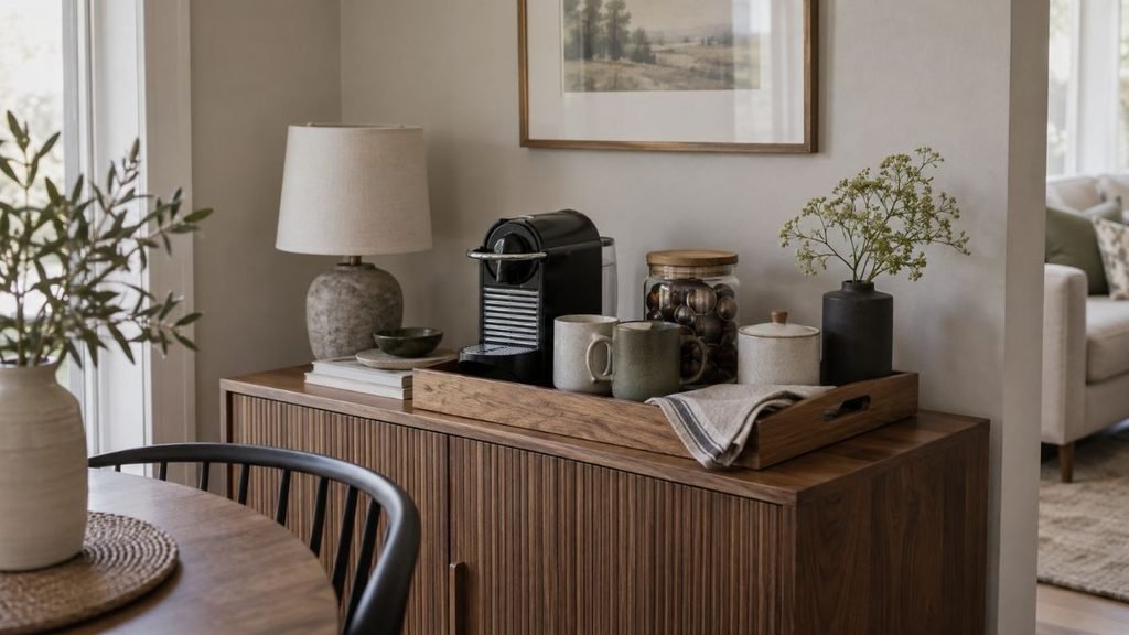 Organized coffee station tray with ceramic canisters and coffee accessories