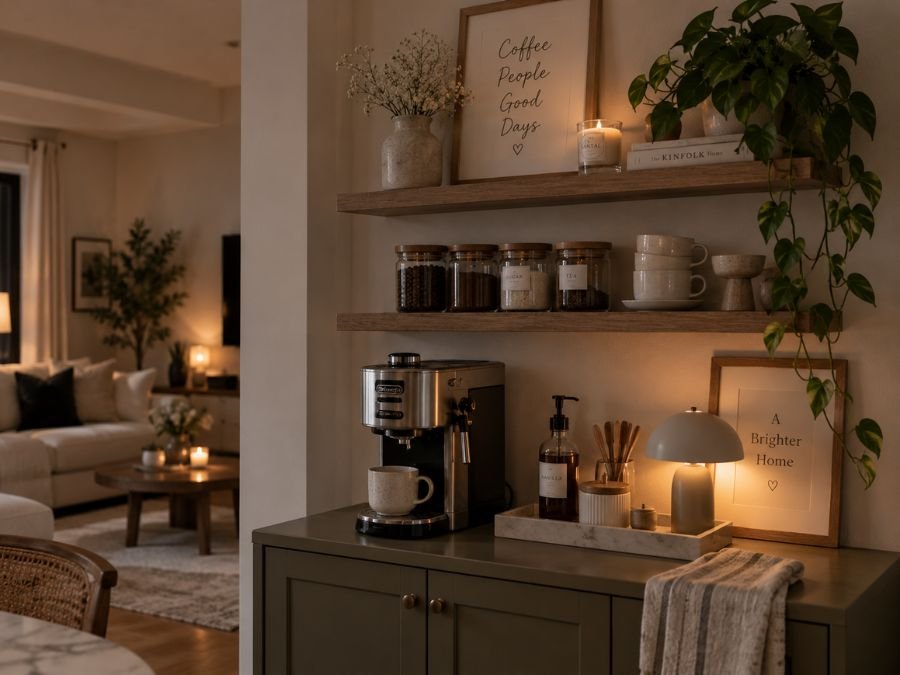Floating shelves styled with mugs and canisters above a coffee station