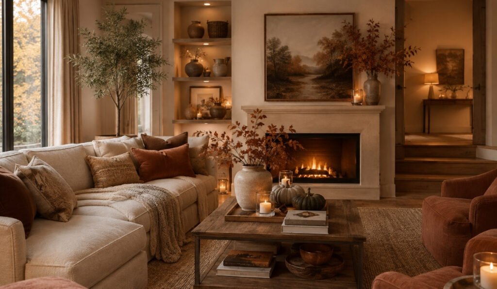 Cozy fall living room with cream sofa, burnt orange pillows, natural wood accents, and warm seasonal decor