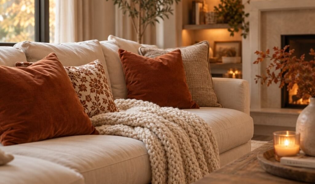 Sofa styled with burnt orange velvet pillow covers and a cream chunky knit throw blanket