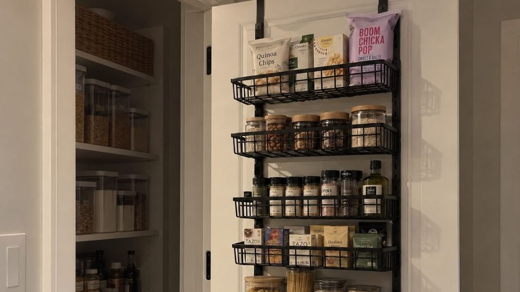 Over-the-door organizer used for shoes and accessories in a small apartment.
