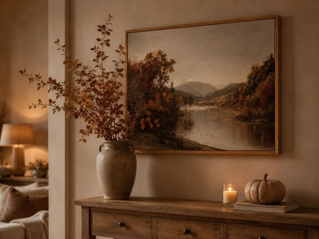 Vintage framed forest landscape art styled with warm neutral fall decor in a living room corner