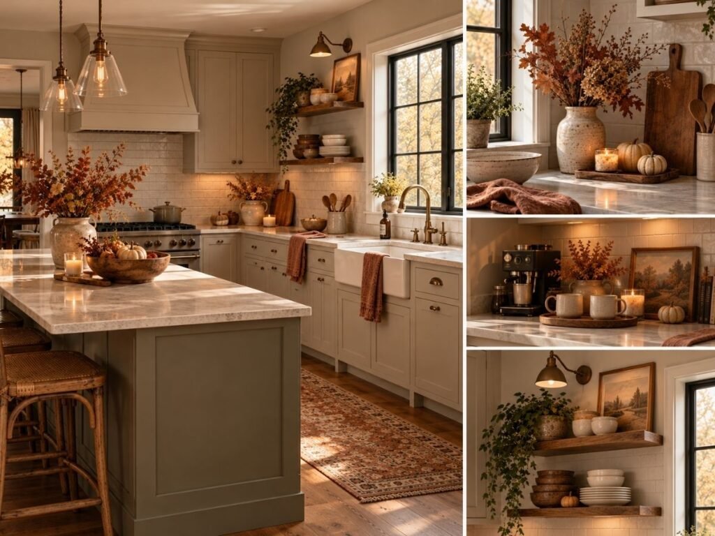 Cozy fall kitchen decorated with warm neutral tones, natural wood, dried autumn branches, candles, and simple seasonal accents.