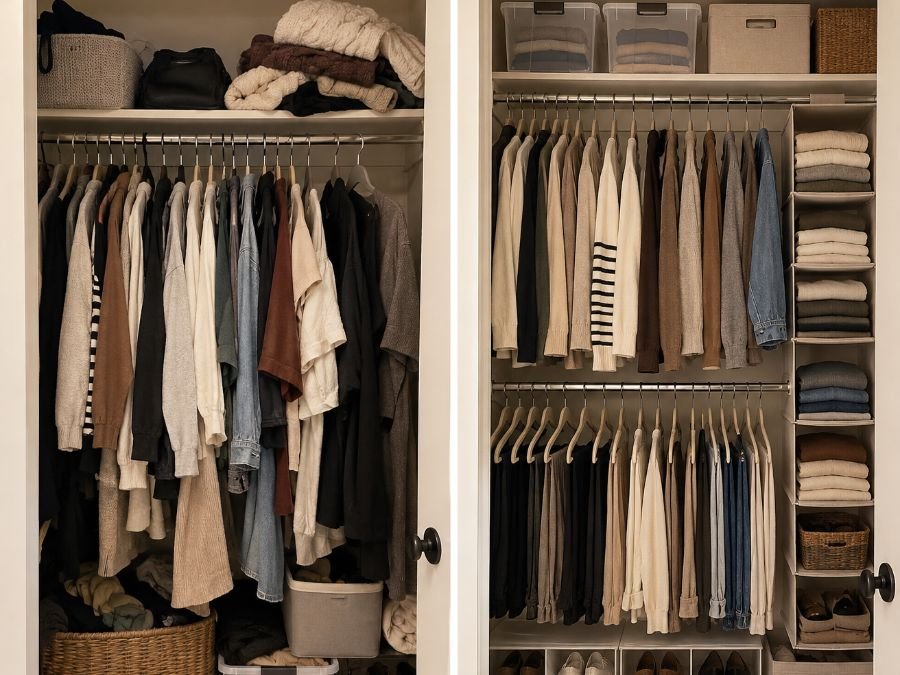 Before and after small closet showing how a second hanging rod creates two levels of clothing storage and frees up floor space.
