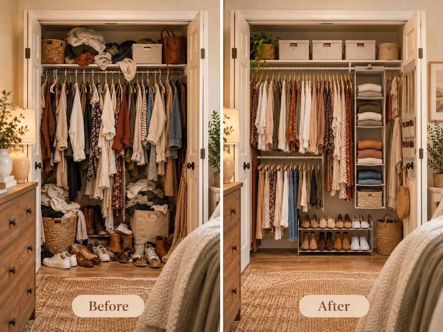 Before and after view of a small bedroom closet showing a cluttered closet transformed into an organized space with double hanging rods, shelf bins, hanging shelves, shoe storage, and door organizers.