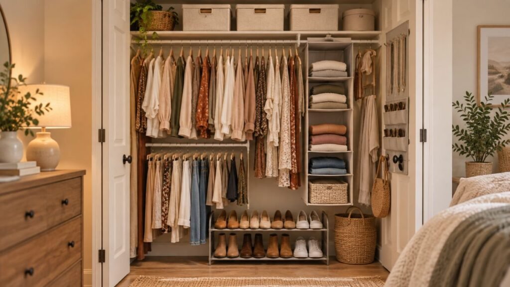 Organized small bedroom closet with double hanging rods, slim hangers, hanging shelves, shoe storage, top-shelf bins, and door organizers.
