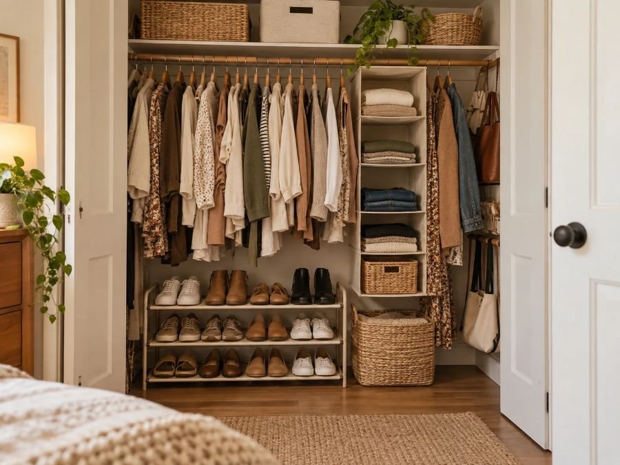 Organized small closet with a multi-tier shoe rack, hanging clothes, shelf storage, baskets, and folded items using the closet floor efficiently.